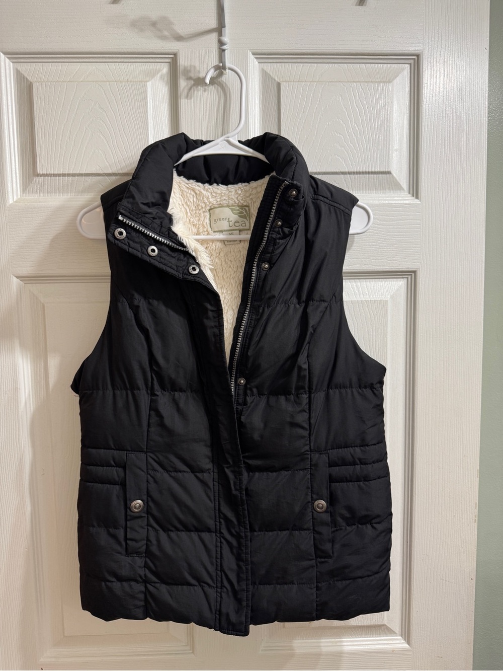 Green Tea Black Puffer Vest with Sherpa Lining